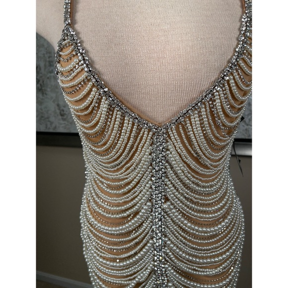 Retrofete Hollis Pearl Crystal Embellished Draped Sheer Mini Dress Size Small - Picture 4 of 11